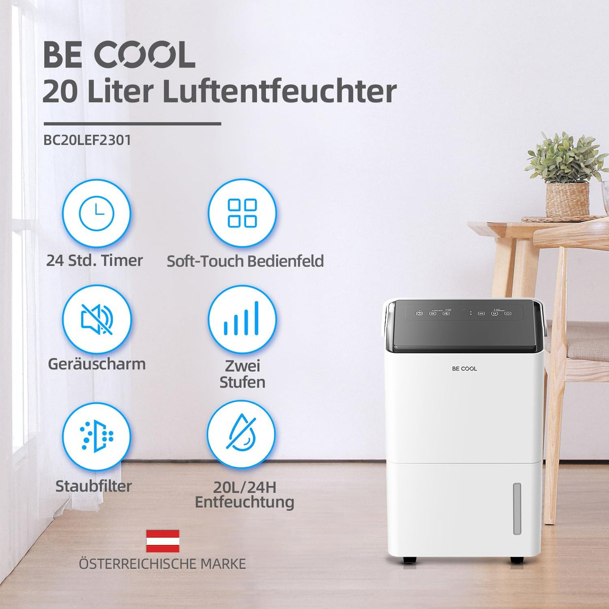 Be Cool BC20LEF2301 luchtontvochtiger 20m² 400W 20 l/dag Wit, Grijs