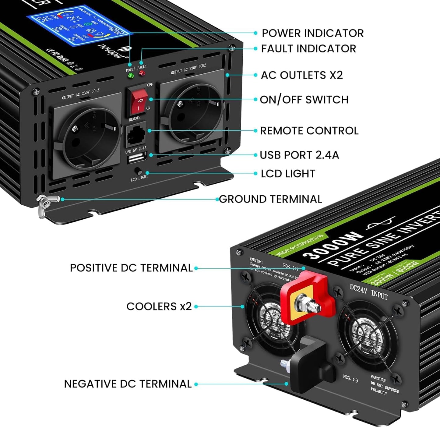 NOVOPAL 3000 W zuivere sinus omvormer 12 V naar 230 V spanningsomvormer power omvormer converter met 5m afstandsbediening LCD-display & 2 EU AC-stopcontacten & 2.1A USB-poorten