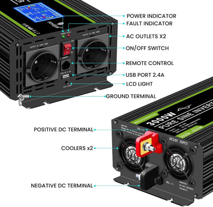 NOVOPAL 3000 W zuivere sinus omvormer 12 V naar 230 V spanningsomvormer power omvormer converter met 5m afstandsbediening LCD-display & 2 EU AC-stopcontacten & 2.1A USB-poorten