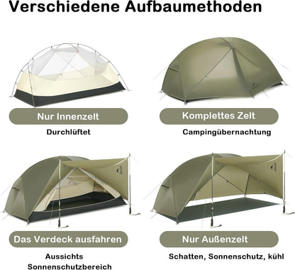 Naturehike Mongar Pro Ultralichte campingtent, 1,56-2,36 kg, waterdicht, winddicht, 3-seizoenentent, tent voor 1/2/3 persoon met uitbreidingsdoek en muggennet, voor wandelen, kamperen, outdoor