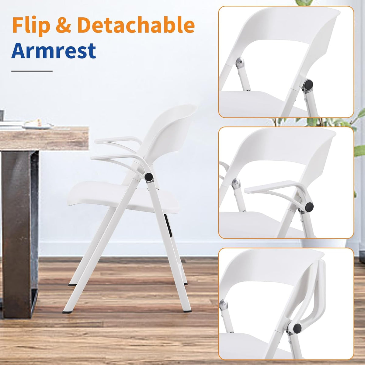 Witte bureaustoel met armen, kunststof klapstoelen, comfortabele stapelbare eetkamerstoelen, draagbare opvouwbare stoel met stalen frame voor binnen, buiten, bruiloft, feest, gazon, tuin
