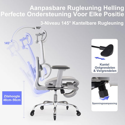 Ergonomische Bureaustoel met Voetensteun & Nekkussen - 5 Standen Verstelbare Rugleuning, 2D Lendensteun, 3D Armleuningen, 145° Kantelfunctie, Mesh Zitting voor Kantoor/Thuiswerk, Grijs