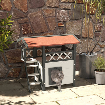 Huisdier Lodge – Kattenhuis – Hondenhok – Dierenverblijf – Villa – Witte Houten Buitenhuis – Met Terras En Trap – Afmeting 77x50x73 cm