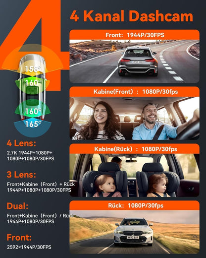 VANTRUE N5 4-kanaals dashcam auto 1944P+3×1080P/30FPS, STARVIS 2, 360° voor achter 5GHz wifi, spraakgestuurde dashcam met GPS, dubbele HDR+ WDR, 24 uur. Bufferparkeermodus, dubbel IR, max. 512G