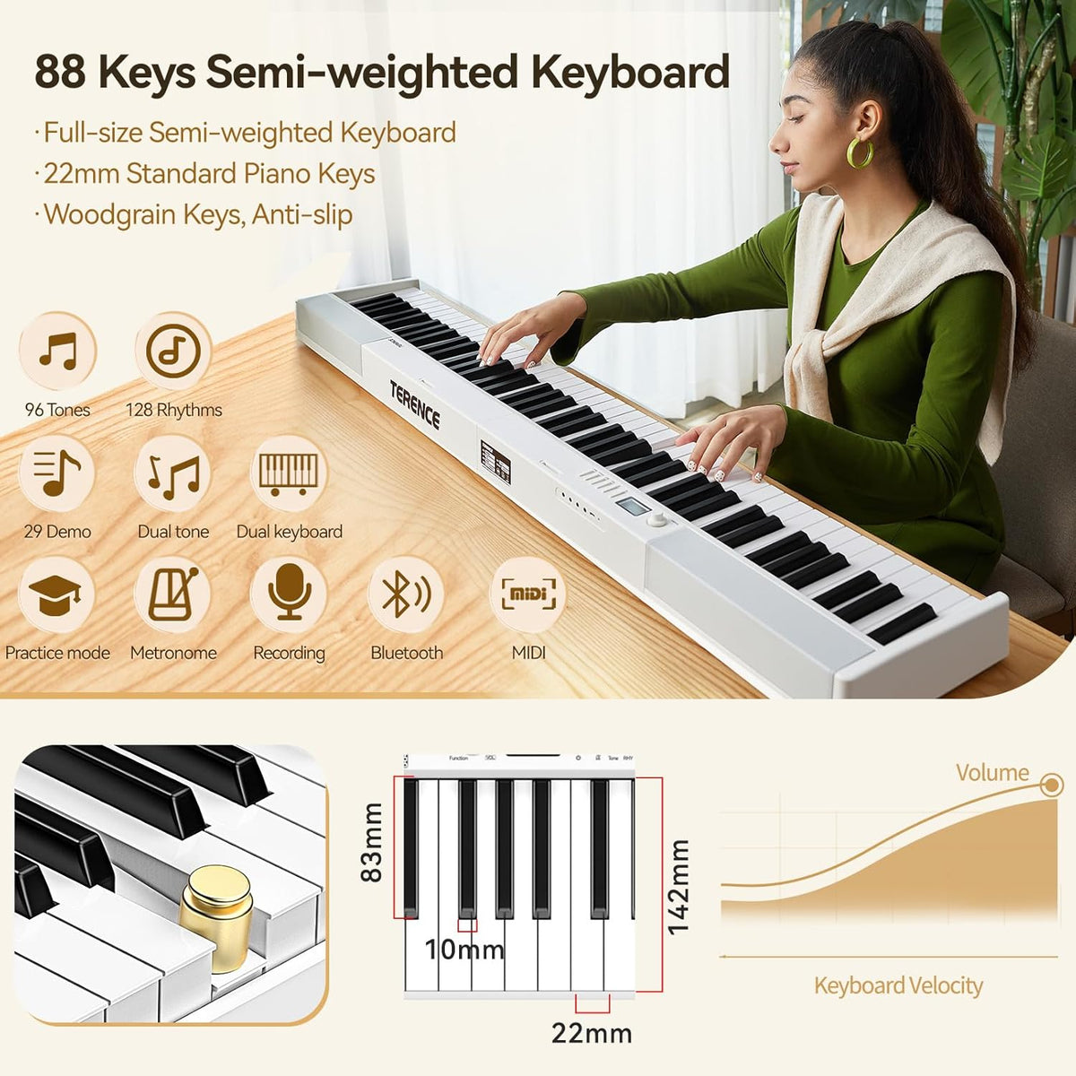 E Piano 88 toetsen – Keyboard Piano – Digitale Piano – Elektrische Piano – 88 Toetsen Keyboard – Opvouwbaar – Bluetooth & MIDI – Wit