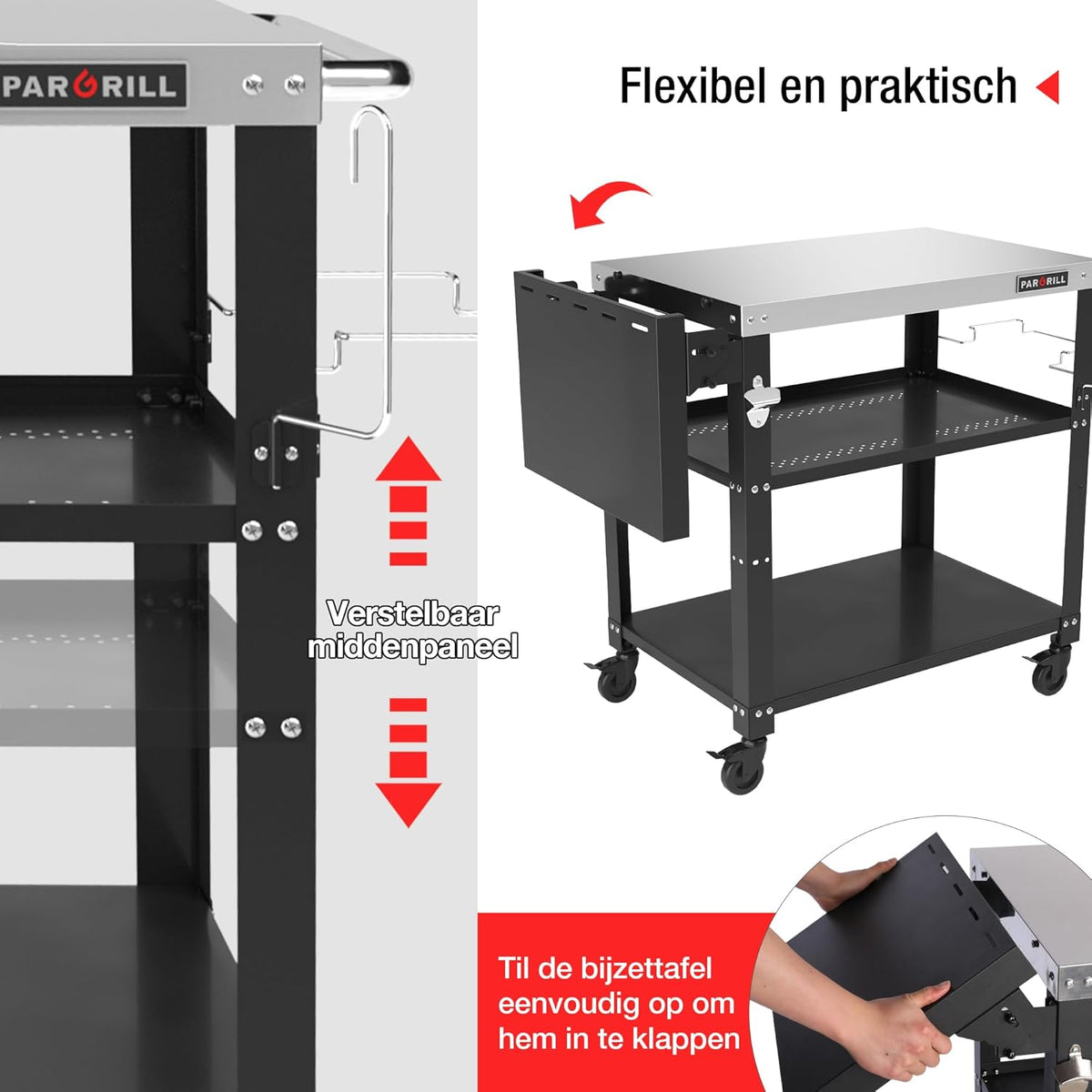 PARGRILL barbecuetrolley mobiele serveerwagen met 3 niveaus, opklapbare zijtafel en 360° zwenkbare wielen met rem - Multifunctionele roestvrijstalen buitenbarbecuetafel voor BBQ en tuin