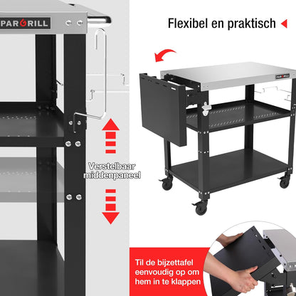 PARGRILL barbecuetrolley mobiele serveerwagen met 3 niveaus, opklapbare zijtafel en 360° zwenkbare wielen met rem - Multifunctionele roestvrijstalen buitenbarbecuetafel voor BBQ en tuin