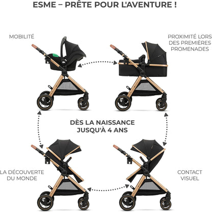 Kinderkraft ESME 3-in-1 autostoel met babydrager Mink Pro I-Size, reissysteem, babybuggy, opvouwbare kinderwagen, voor pasgeborenen tot 4 jaar, zwart
