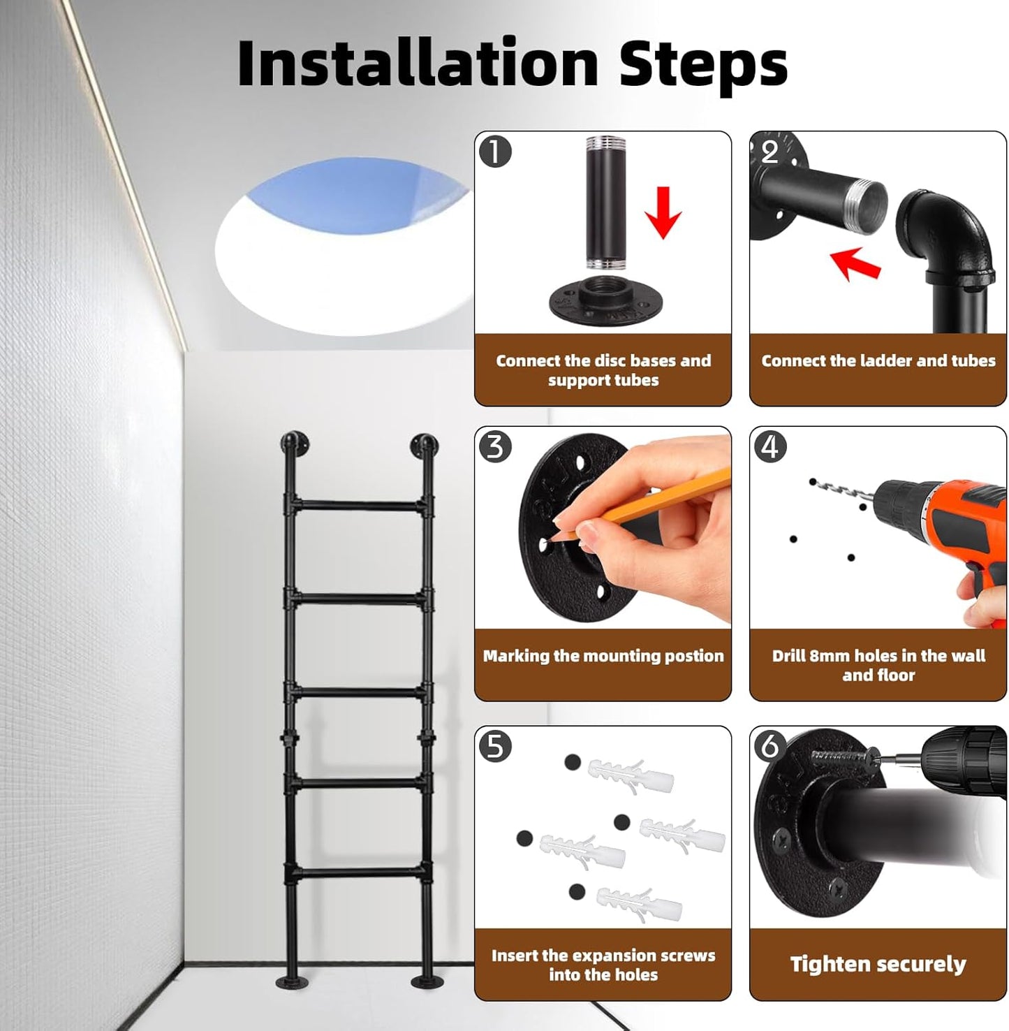 Stapelbedladder met 7 treden, van muur tot vloer, robuuste uitgangsladder voor kelderraam, klimladder voor zolder, slaapzaal, terras, maximale belasting 150 kg/215 cm