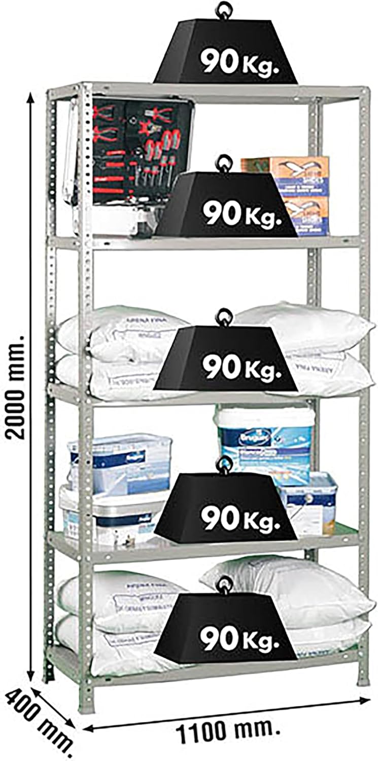 Simon Rack Stellingkast Metaal, 2000x1100x400 mm, Buigpunt 90, 5 Verstelbare Niveaus, Metalen Planken, Robuust Opslagrek voor Garage, Kelder en Werkplaats, Grijs – Simon Classic