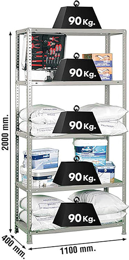 Simon Rack Stellingkast Metaal, 2000x1100x400 mm, Buigpunt 90, 5 Verstelbare Niveaus, Metalen Planken, Robuust Opslagrek voor Garage, Kelder en Werkplaats, Grijs – Simon Classic