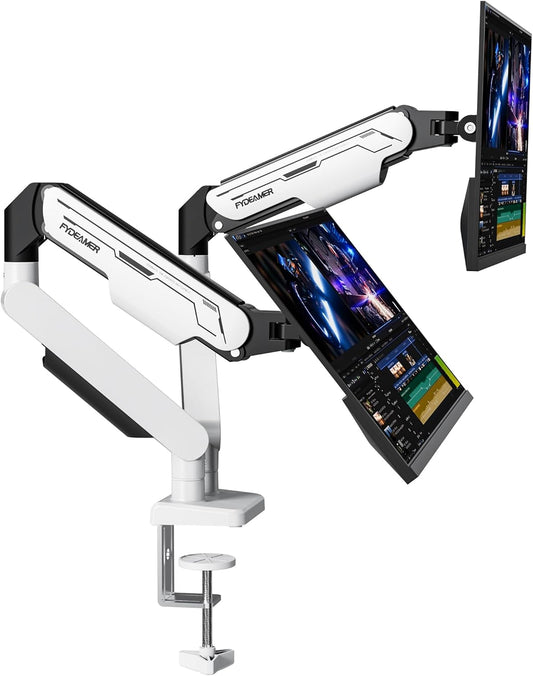 Fydeamer Dubbele monitorarm, zware gasveerbevestiging voor schermen van 17-32 inch tot 9 kg, volledig beweegbare bureausteun met VESA 75 x 75/100 x 100 mm compatibiliteit, wit