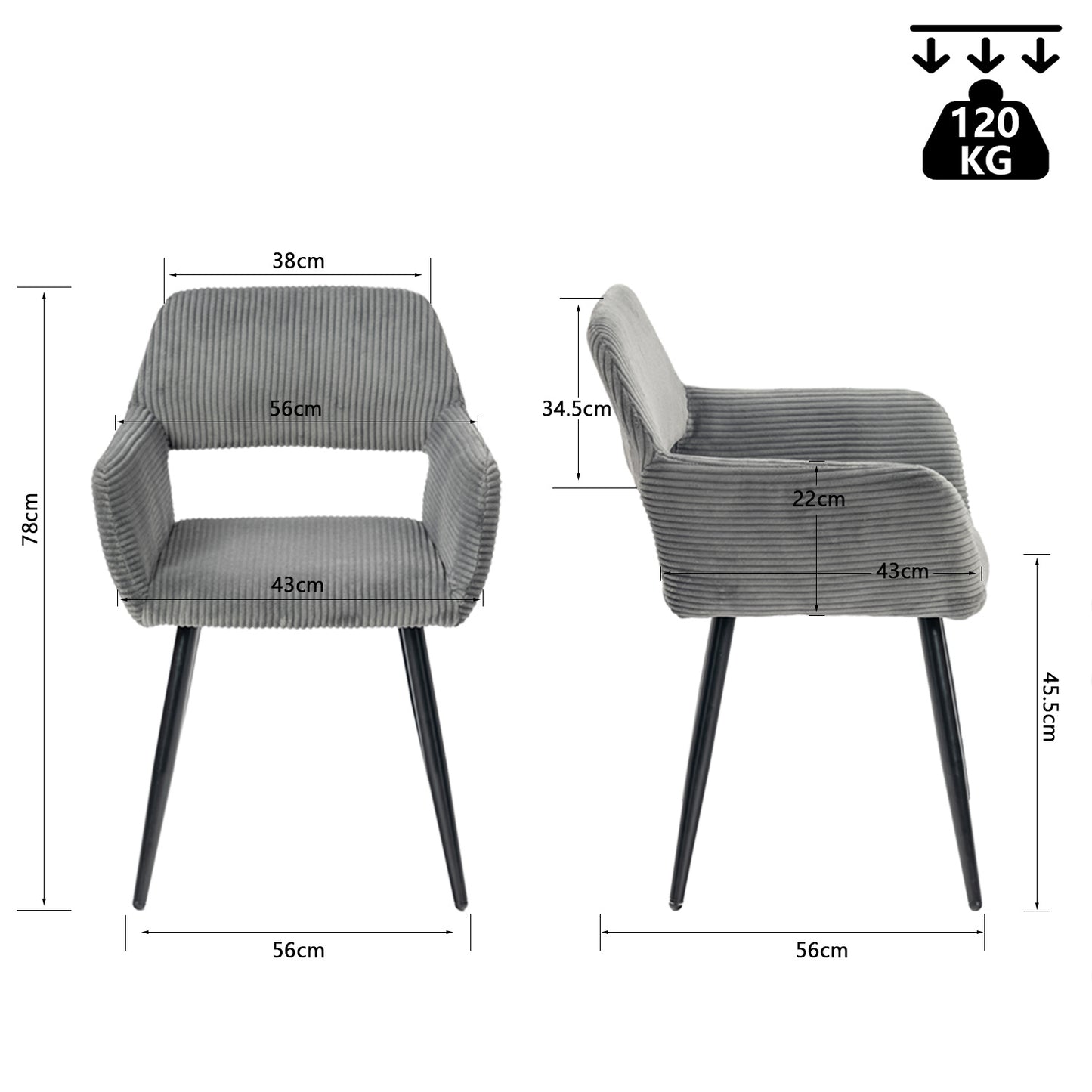 Eetkamerstoel – Stoel – Kuipstoel – Zitstoel – Dining Chair – Scandinavisch Design – Fluwelen Bekleding – Metalen Poten – Donkergrijs – 56x56x78 cm