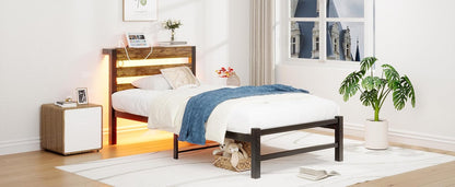 HOMERECOMMEND 3ft eenpersoonsbedframe met USB-laadstation, LED-bedframe met houten opberghoofdeinde, metalen platformbedframe enkele maat, geen boxspring nodig, ondersteuning voor sterke latten