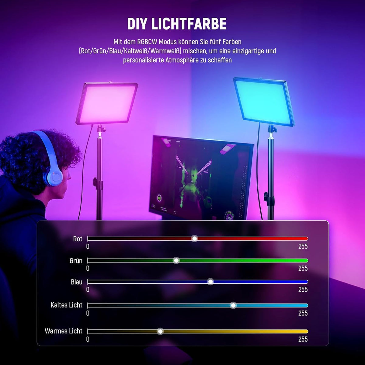 RGB LED Streaming Key Light – Videolamp – Streamlamp – Webcam Lamp – LED Paneellamp – 25W, 2500 Lux Op 0,5 M – 2900K-7000K, CRI95+/TLCI97+