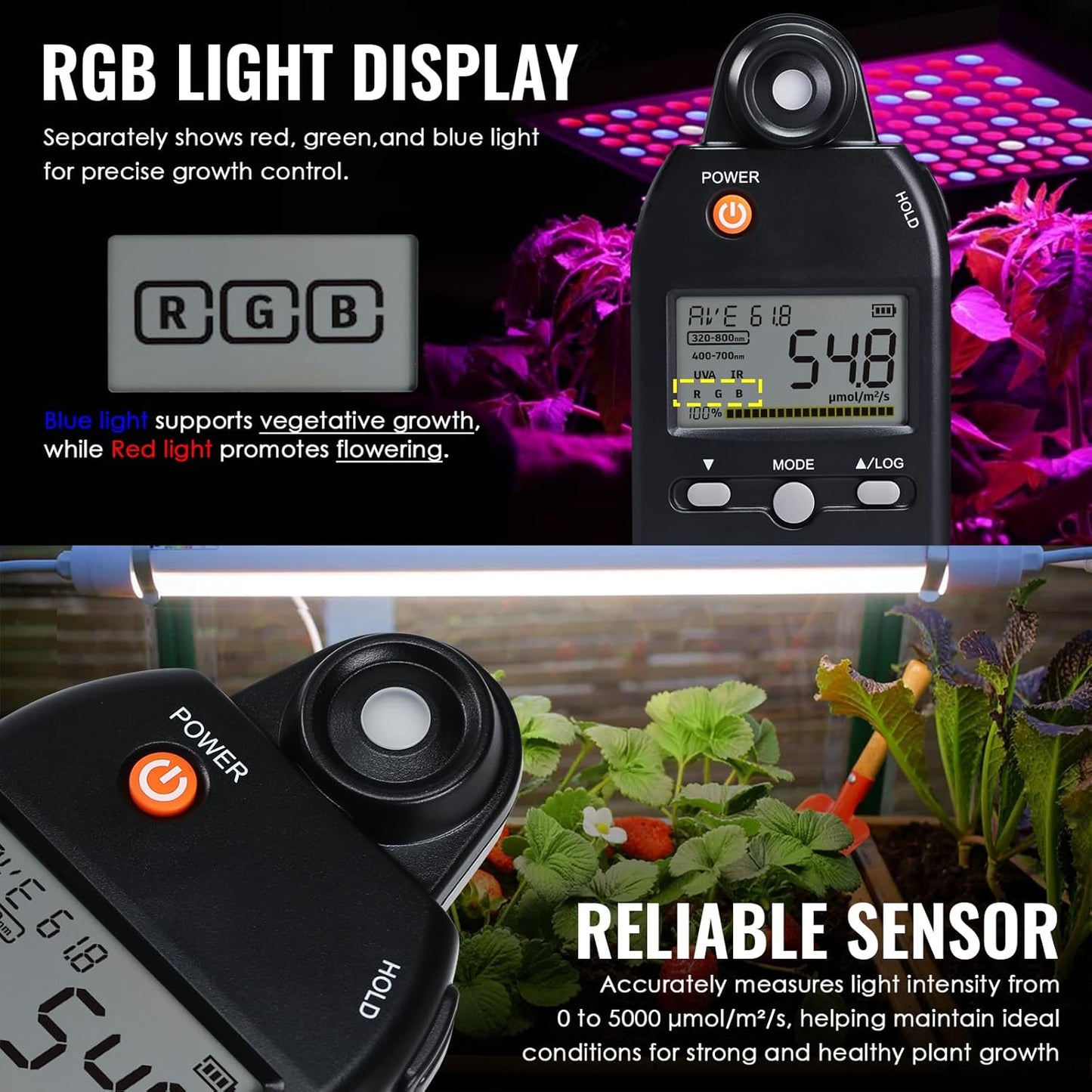 PAR-meter, Spectroradiometer Quantum PPFD-meter, Full-Spectrum Lichtmeting 320-800nm | UV, Zichtbare & IR-analyse, Kleurweergave, Plantengroeitesten | Gegevensrecord, MAX/MIN/AVG, statiefbevestiging