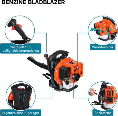 Wiltec bladblazer op benzine 1,7 pk, rugbladblazer met 2-takt-motor, blazer voor bladeren en tuin, tuingereedschap voor bladblazen met bedieningselement aan handgreep incl. mondstukken