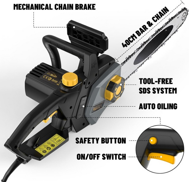 Elektrische Kettingzaag - Kettingzaag - Snoeizaag - Takkenzaag - Handzaag - Draagbaar - 2400W - met 40cm Oregon-Ketting - 15 m/s Kettingsnelheid - Automatische Olier - Mechanische Rem - 2 Kettingen - ‎220V - Oranje