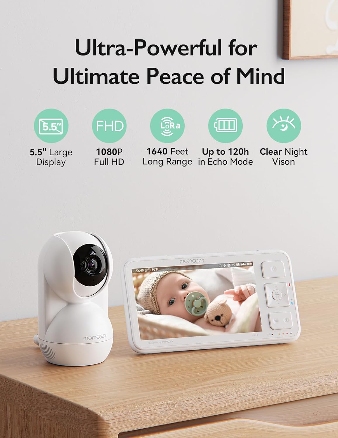 momcozy BM03 Video Babyfoon, 5,5 inch 1080p FHD Babyfoon met camera zonder wifi, infrarood nachtzicht, VOX, 2-weg audio, 500 m bereik, lokale opname