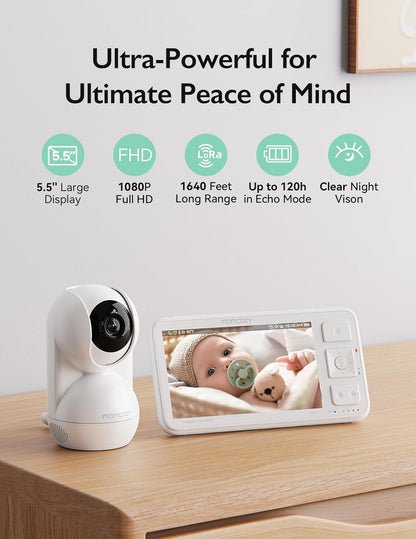 momcozy BM03 Video Babyfoon, 5,5 inch 1080p FHD Babyfoon met camera zonder wifi, infrarood nachtzicht, VOX, 2-weg audio, 500 m bereik, lokale opname