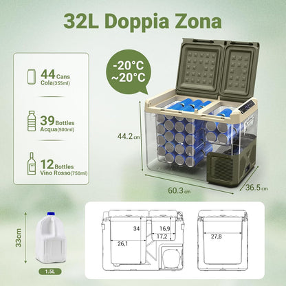 AAOBOSI XS Draagbare koelkast, autokoelkast, dubbele zones en dubbele deuren, voor auto, vrachtwagen, dubbele deuren en dubbele deuren