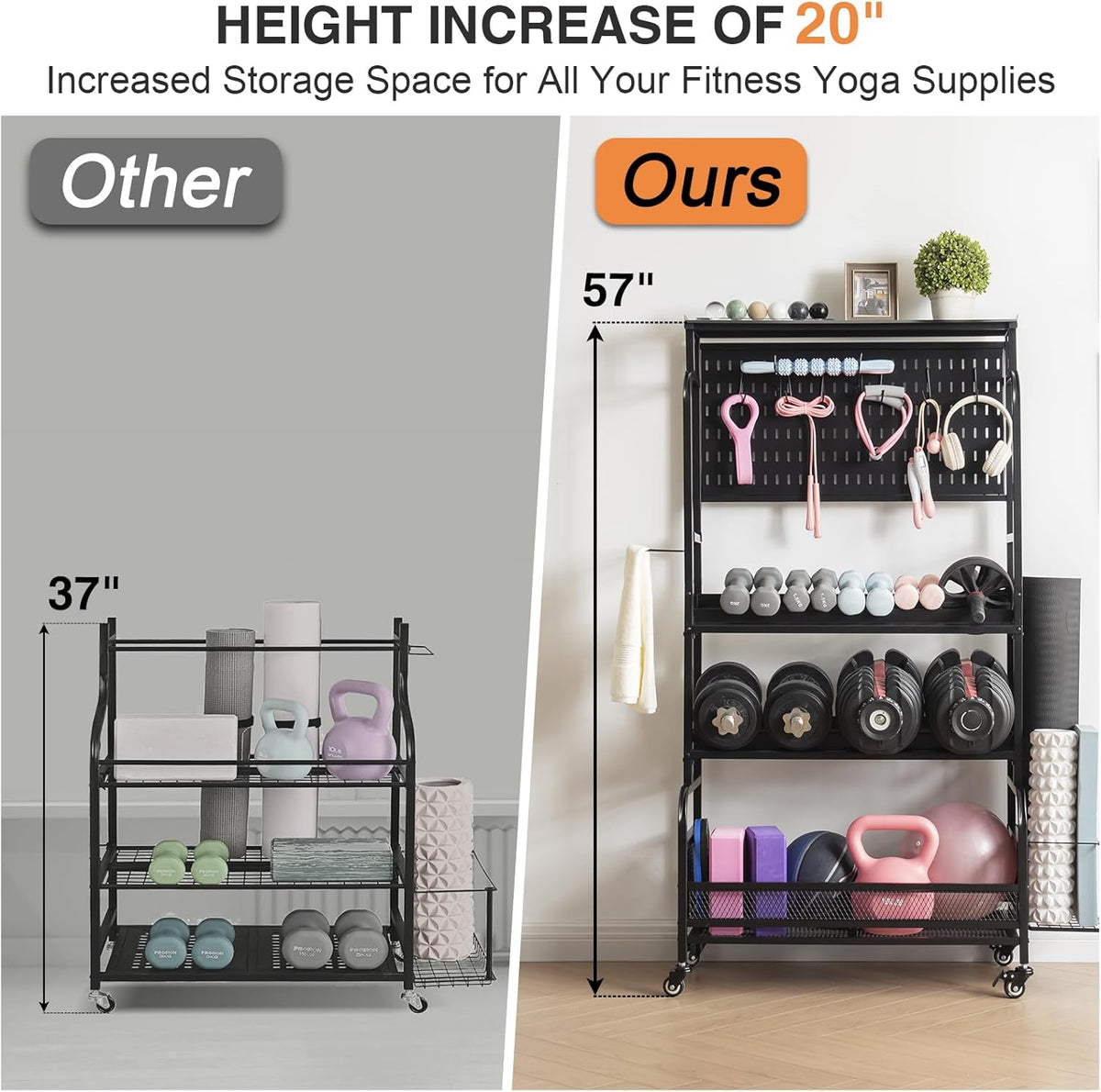 56" Taller Home Gym Storage Organizer, Yoga Mat Storage Rack with Hanging Board, Exercise Workout Equipment Storage Stand for Home Gym, Dumbbell Holder Kettlebell Rack with Wheels and Hooks - QUORE