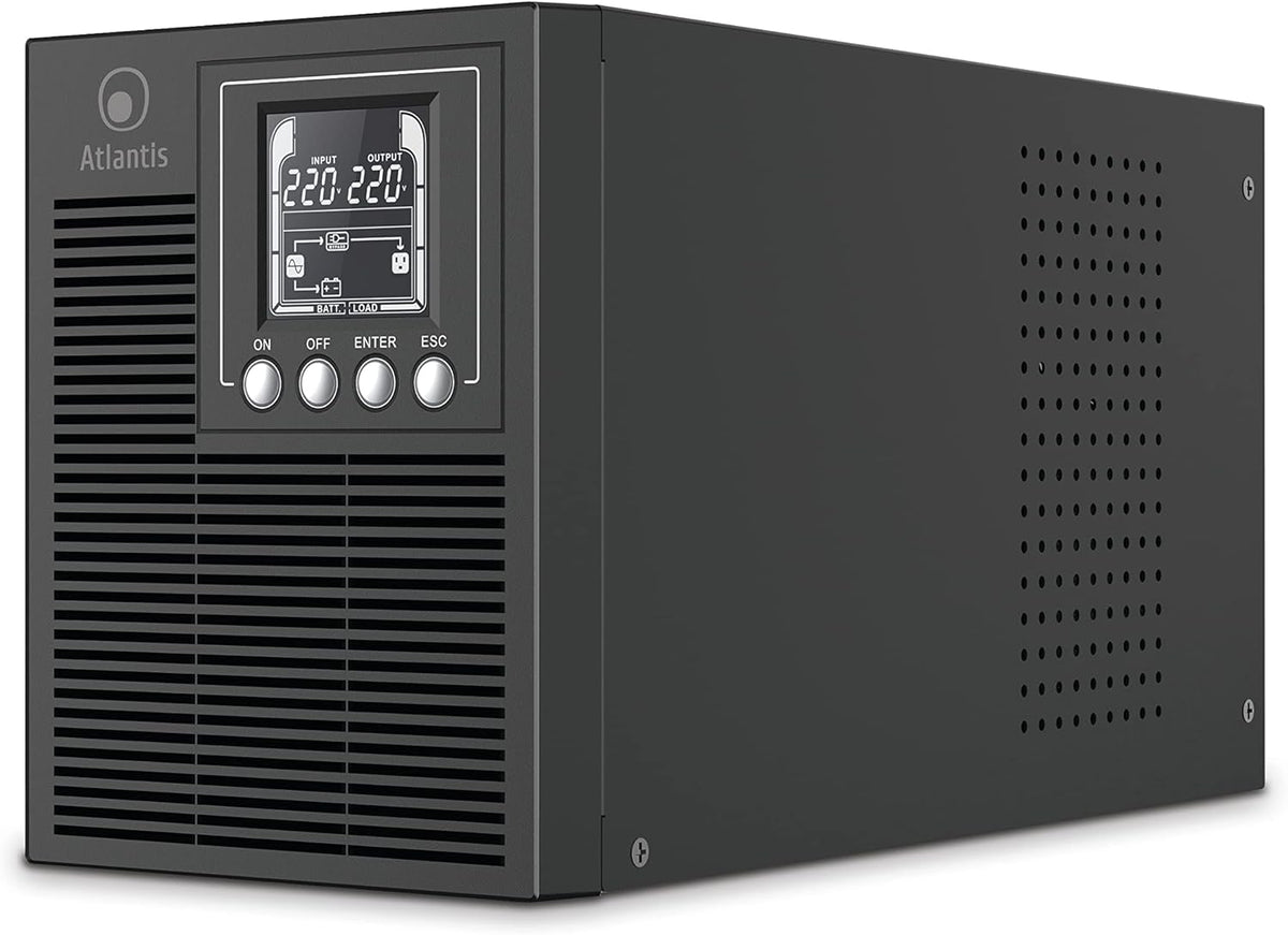 Atlantis A03-OP1002XLN UPS OnLine 88% stillere onderbrekingsgroep, server, dubbele conversie, zuivere sinusgolf, 1000 VA 700 W, Low Noise Gelid ventilator 23,6 dbA, USB, 2 Schuko + 1 IEC, 2 x 12 V-9