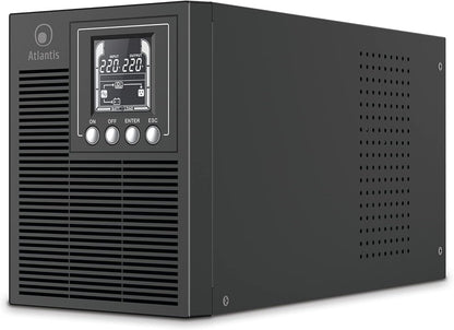 ATLANTIS A03-OP1002 UPS Ononderbroken stroomvoorziening Server Tower On Line dubbele converter 1000 VA 900 W, LCD-display, USB, serieel RS-232, 4 IEC-uitgangen, EPO, SNMP-sleuf, met 2 accu's 12V-9Ah, zwart