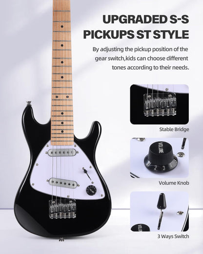 Winzz 30 Inch Kids Elektrische Gitaar Beginner Kit, Junior 1/4 Size Mini Elektrische Gitaar voor Kinderen Complete Stater Set met Amp, Gloosy Zwarte Kleur