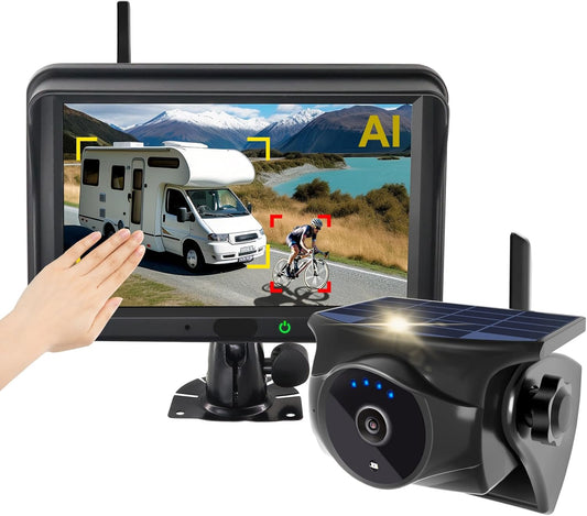 Magnetische zonne-aangedreven draadloze achteruitrijcamera: KI-voetganger- & voertuigherkenning, 1-min installatie, geen bedrading / boren, gebarenbediening, nachtzicht, 5 inch monitor voor campers