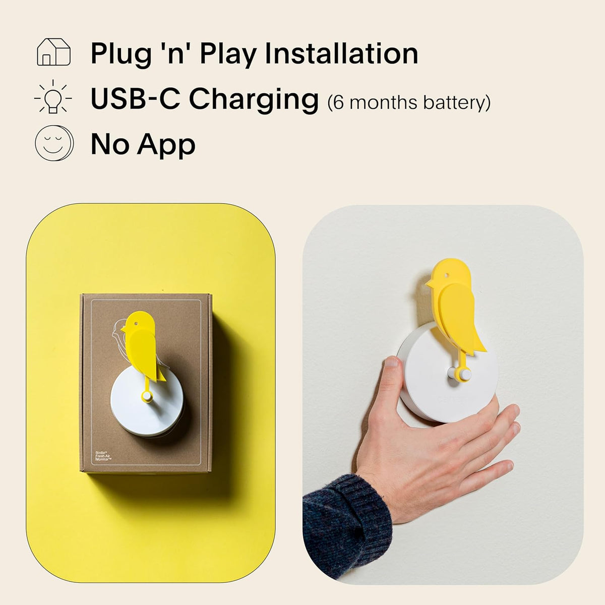Birdie 2.0 Design CO2-monitor voor binnenshuis, luchtkwaliteitsmeter voor thuis en op kantoor, bevordert geestelijke en lichamelijke gezondheid (Yellow)