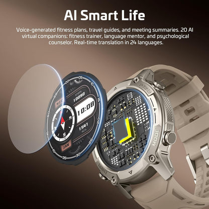 GPS Smartwatch voor heren met offline kaarten, kompas, 5 ATM waterdicht, 21 dagen accu, 143 inch AMOLED, KI/hartslag-/zuurstof-/stress-/slaapmonitor, 178 sportmodi, sporthorloge voor Android iOS, kaki - QUORE
