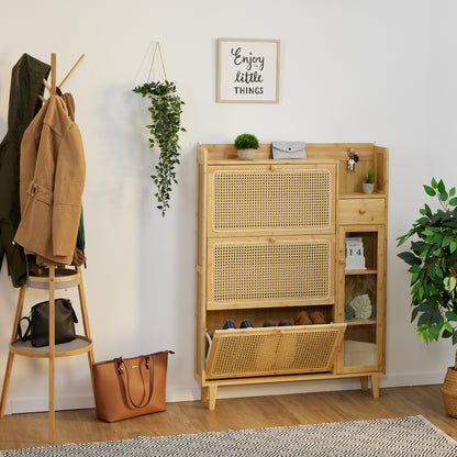 Rattan Schoenenrek – Schoenenkast – Schoenenopberger – Schoenenplank – Schoenenstandaard – 5 Compartimenten – Bamboe Met Rattan Look