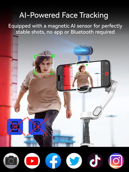 AOCHUAN Gimbal-stabilisator voor iPhone, telefoongimbal met AI-trackingsensor voor vlog-opname, 3-assige telefoongimbal met 7,8 inch verlengstang en OLED-display voor iPhone/Android-Smart X2 AI wit