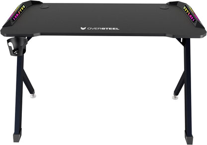 Oversteel - Vitallium Gaming Tafel 120x60x75 cm, RGB LED Licht, Carbon Fiber Oppervlak, Ergonomisch, Beker- en Headsethouder, Computer Bureau, Zwart