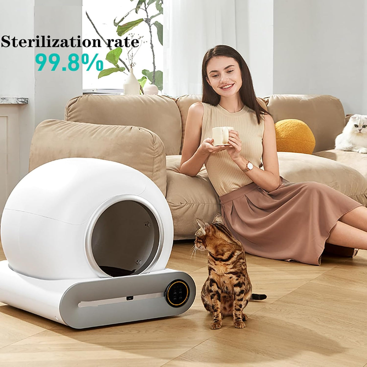 Zelfreinigende kattentoilet, automatische kattenbak met app-bediening, zelfreinigend, slimme gezondheidsmonitor/ionische deodorisator (lichtwit)