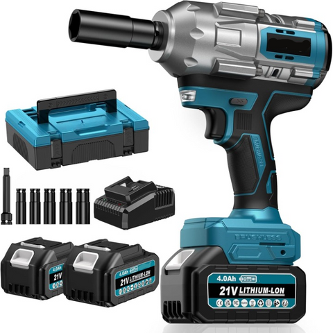 Accu-slagschroevendraaier - Slagmoersleutel - met 1/2 inch Krachtige Borstelloze Motor - 6 Dopsleutels - 1300 Nm Draaimoment - 2 x 4.0 Ah Accu - voor Vrachtwagens - Auto's - Blauw