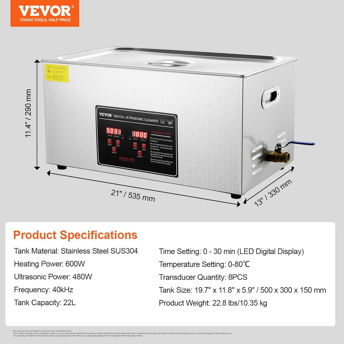 VEVOR Ultrasone reiniger, roestvrij staal, 480 W, 22 l, ultrasoon reinigingsapparaat met digitaal display, 0-30 minuten, ultrasone reiniging voor sieraden, brillen, horloges enz.