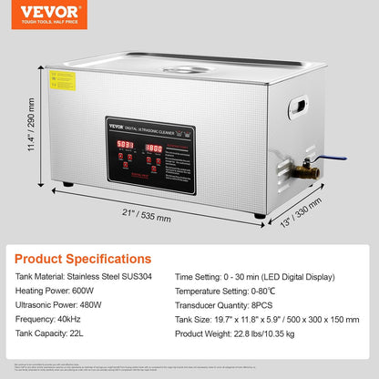 VEVOR Ultrasone reiniger, roestvrij staal, 480 W, 22 l, ultrasoon reinigingsapparaat met digitaal display, 0-30 minuten, ultrasone reiniging voor sieraden, brillen, horloges enz.