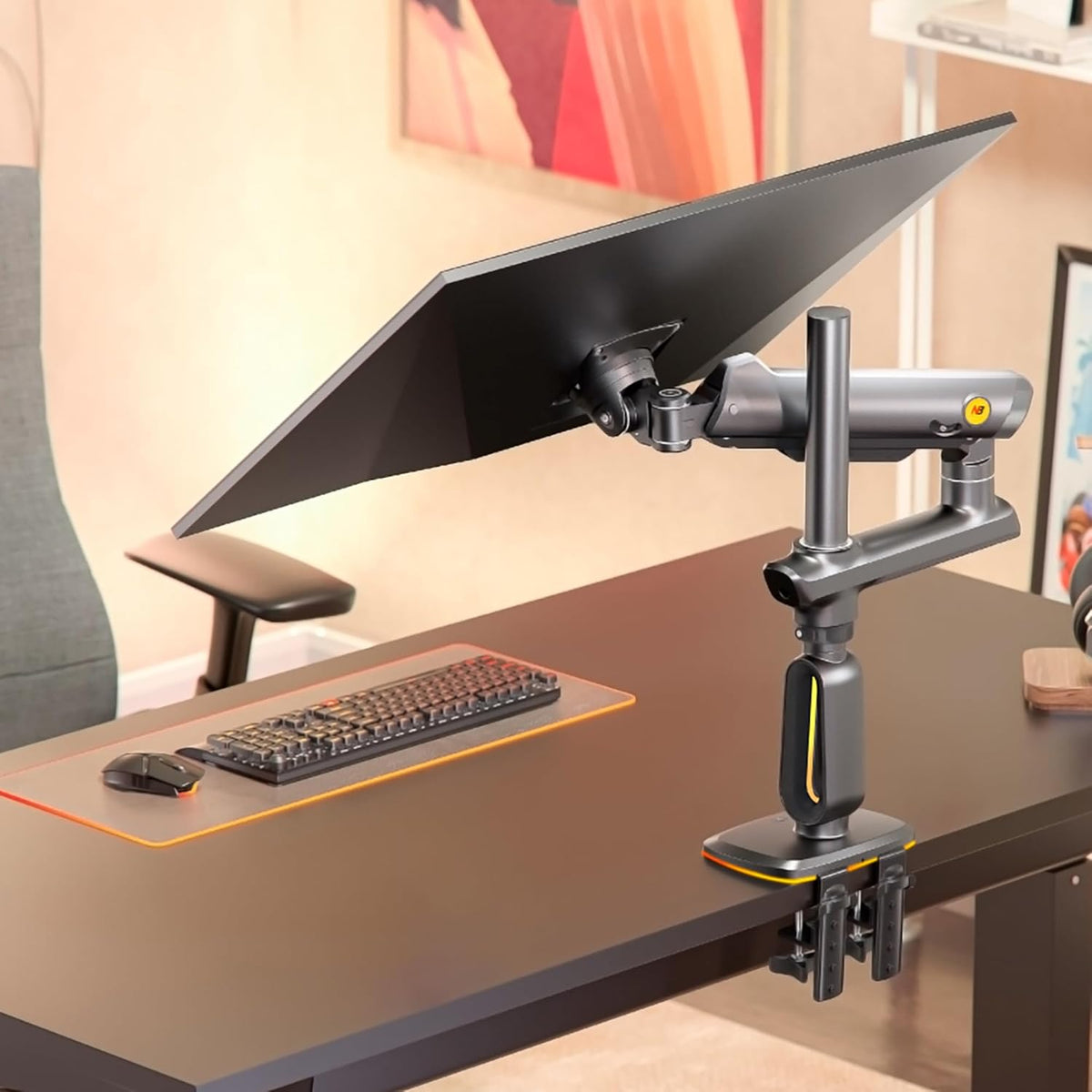 RGB Monitorhouder voor 32 tot 60 inch platte ultrabrede gebogen computerschermen, heavy duty beeldschermstandaard monitor arm 49 57 inch belasting. Max 20 kg, VESA 75 & 100 mm