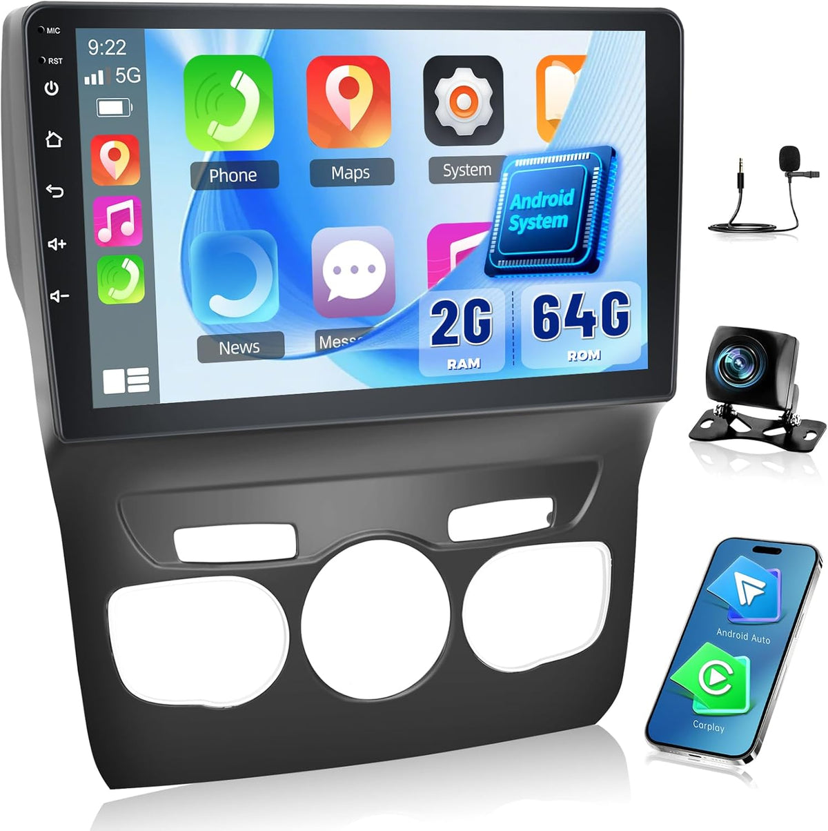 NHOPEEW 2G + 64G Autoradio voor Citroën C4 II / DS4 / DS4 Crossback 2011-2018, 9 inch touchscreen, draadloze CarPlay Android Auto, WLAN, GPS, FM, RDS, gedeeld scherm, SWC, AHD achteruitrijcamera