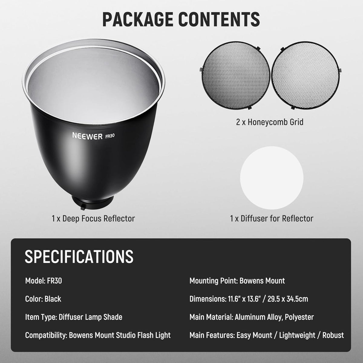 Diepe Focus Reflector – Studioreflector – Flitsreflector – Lichtkap – Diffuser – Standaard Fitting – 29,5 Cm – 15°/30° Honingraatroosters en 45° Gerichte Lichtbundel