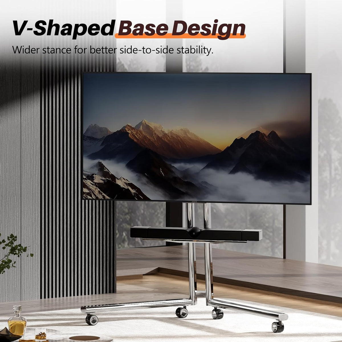 Mobiele tv-kar ezel rollende tv-standaard met soundbar-plank voor schermen van 32 tot 65 inch, minimalistisch roestvrijstalen frame met 360 ° wielen, draagbare vloer-tv's staan tot 80 lbs Max VESA