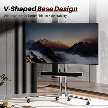 Mobiele tv-kar ezel rollende tv-standaard met soundbar-plank voor schermen van 32 tot 65 inch, minimalistisch roestvrijstalen frame met 360 ° wielen, draagbare vloer-tv's staan tot 80 lbs Max VESA