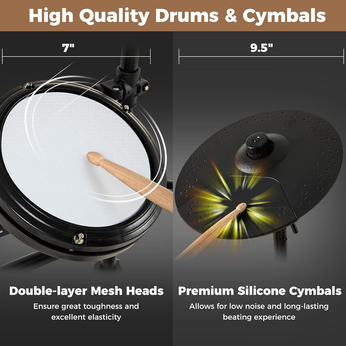 FANTASK Elektronische drumsets, opvouwbaar met mesh-pads, 150 geluiden en 10 demo's, metronoom en USB MIDI, 2 pedalen en 2 drumsticks, 7-delig e-drumstel voor kinderen, volwassenen