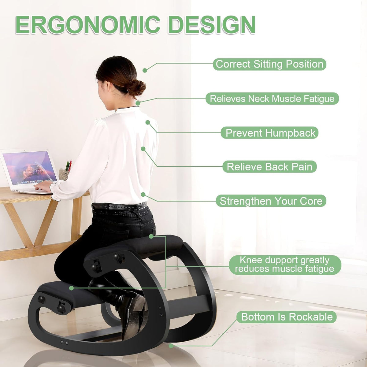 Predawn Ergonomische kniestoel voor zitcorrectie, kniekruk, kruk voor thuis, meditatie, houten en linnen kussen, rugpijn, nekpijn, verlichting en lichaamshouding (zwart)