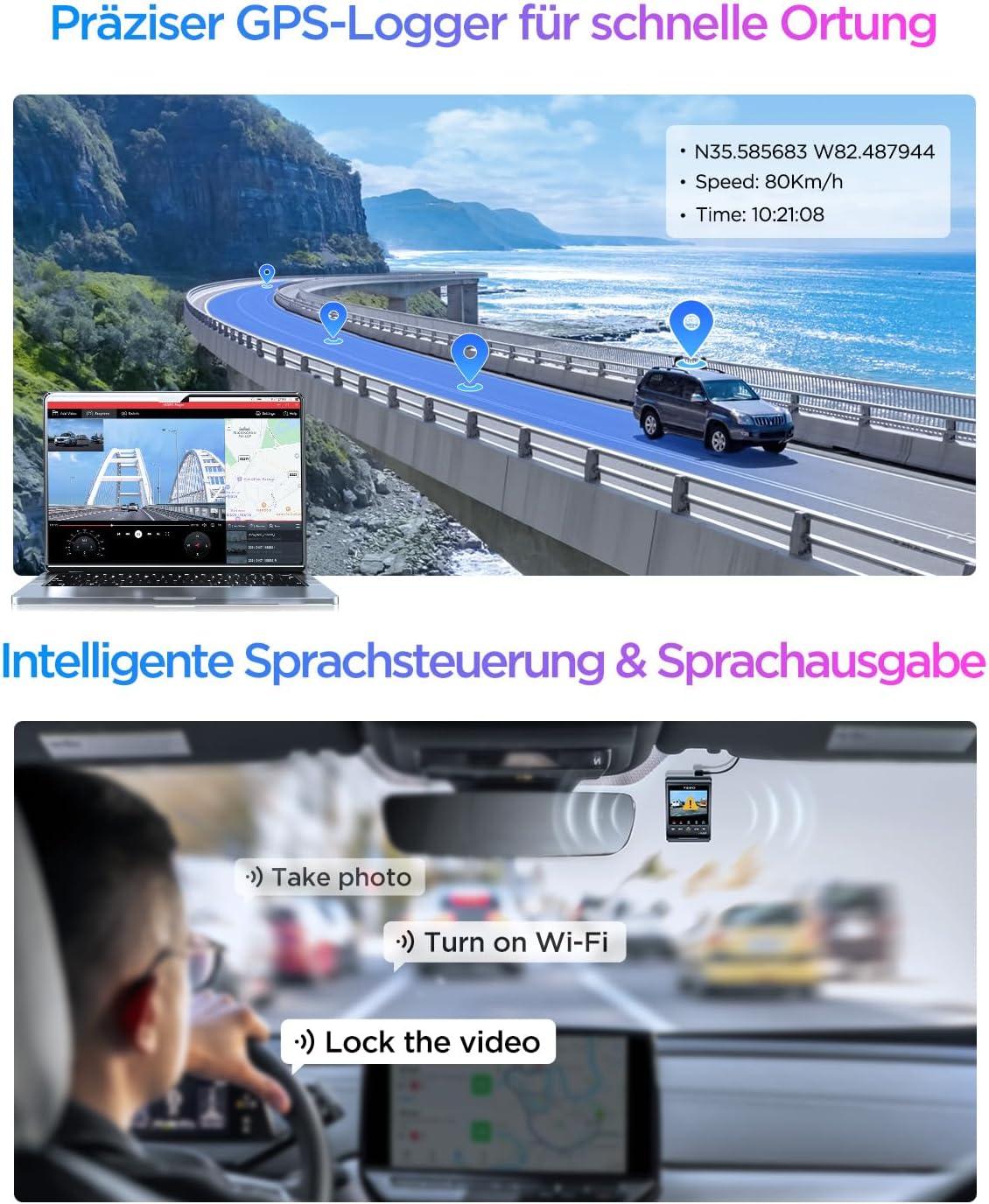 VIOFO A329S 2CH 4K 60FPS dashcam voor achter, 4K + 2K Dual dashcam auto, geüpgraded energiebesparende parkeermodus, wifi 6 en app-bediening, Dual Starvis 2 autocamera, nachtzicht/HDR 2.0, optioneel 4
