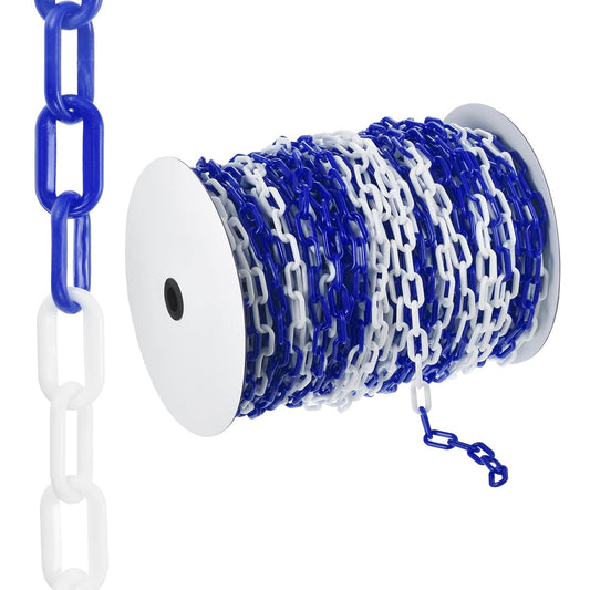PATIKIL 300 ft kunststof afsluitketting, veiligheidsafsluitketting, kunststof kettingschakels, Crowd Control barrier voor hek, poort, tuin, bouw, oprit, lift, parkeerplaats, blauw-wit