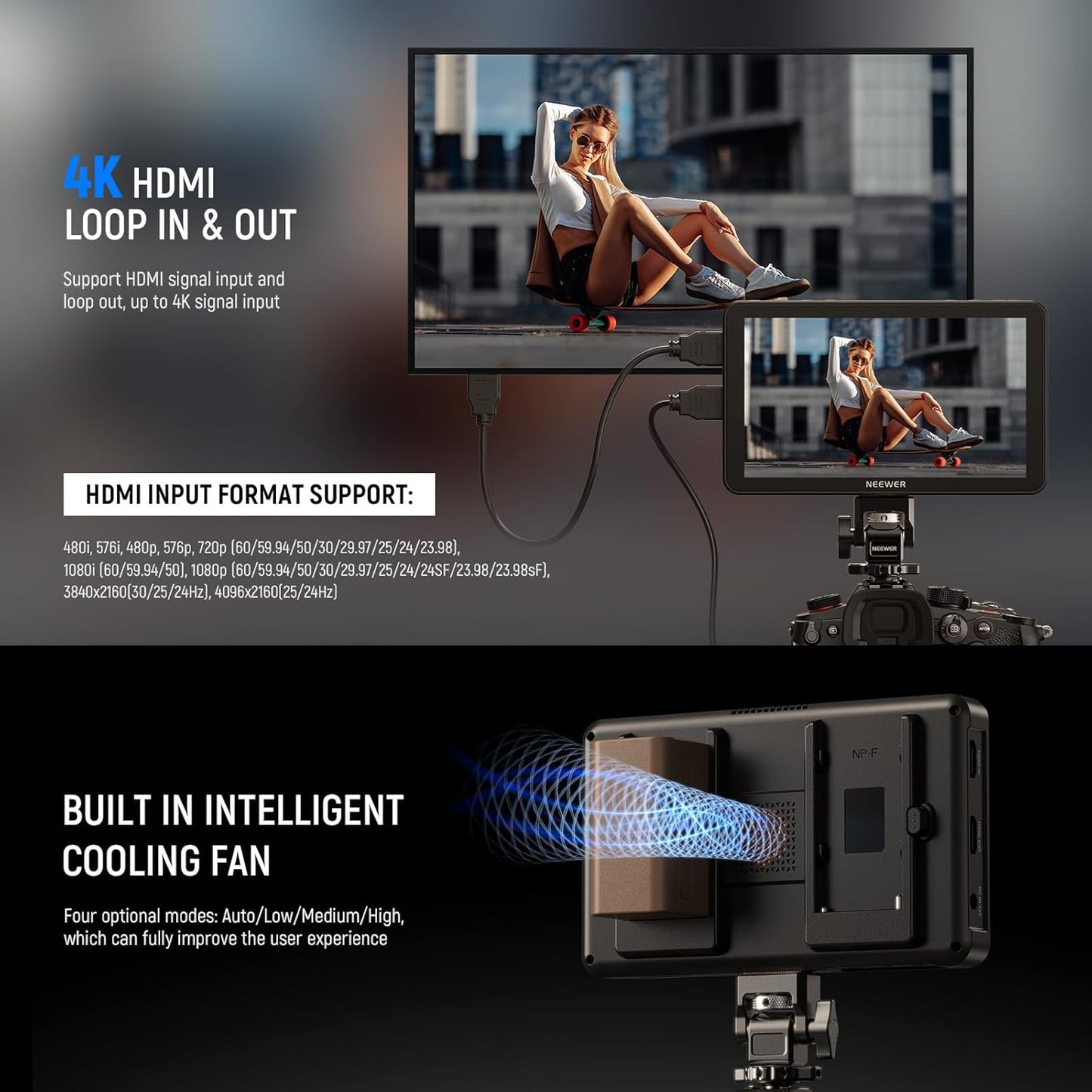 NEEWER F700 7 inch veldmonitor voor camera, 2000nit HD 1920 x 1080 IPS touchscreen 3D LUT, Loop in/out HDMI 4K Peak Focus DSLR Video Assist HDR Waveform, ColdShoe, 2 accu's NP-F750, reinigingsdoek