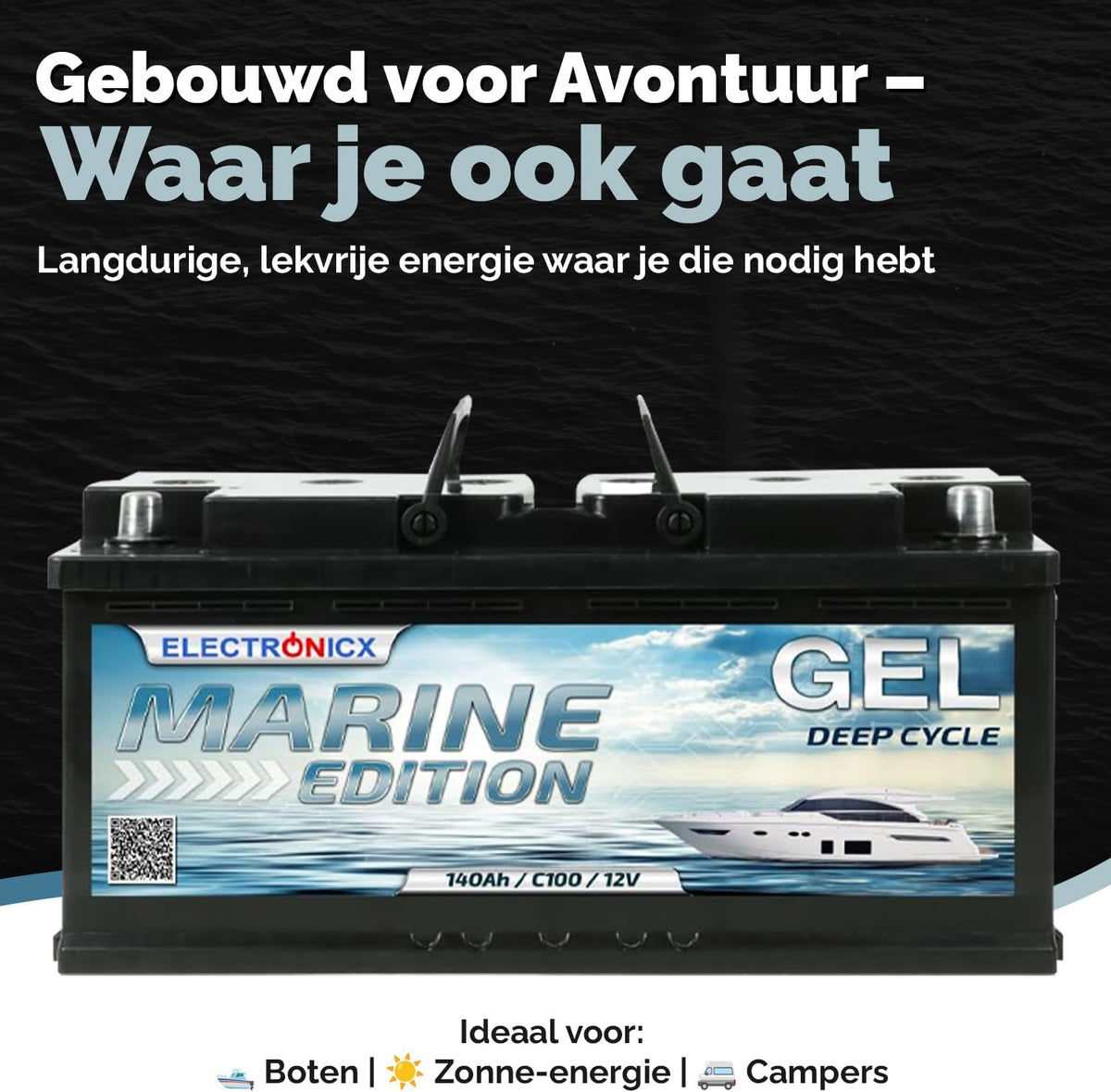 Electronicx GEL 12V 140Ah Marine Edition Deep Cycle accu – onderhoudsvrij en lekvrij – voor camper, boot, jacht – 393×175×190 mm – vrijetijdsaccu – pluspool rechts